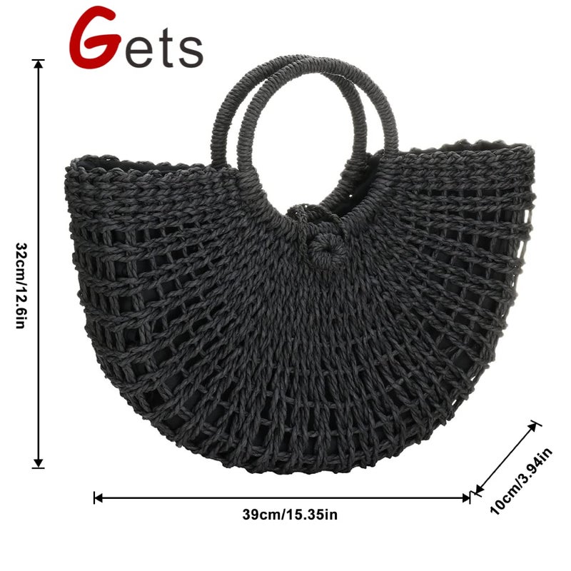 Gets Handwoven Rattan Top-handle Bag for Women Bohemian Round Straw Tote Bag Beach Large Carrying Handbag (Black) - Image 3